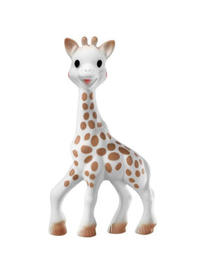 sophie the giraffe sits 7 inches tall and is white with brown spots and hooves and black eyes