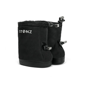 Stonz booties, vegan friendly, in red with moose appliqué and Stonz logo