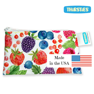 Thirsties brand reusable mini snack bag with zipper, made in the usa, shown in berry patch berry print