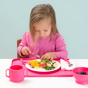 Green Sprouts brand cutlery set for toddlers and children, shown with fork, knife, and spoon in light sage color scheme