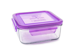 wean green 28 ounce glass meal cube with a blue locking lid
