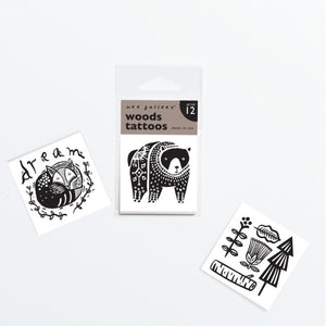 Wee gallery woods tattoo designs of a bear, sleeping fox, and wooded scene, measures 2X2 inches