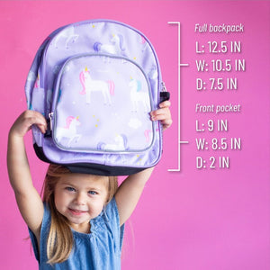 wildkin 12" backpack for 3-7 year olds in unicorn print, on a lavender background