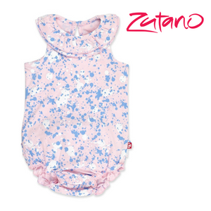 zutano 100% organic cotton bubble romper in paint splatter baby pink with the zutano logo
